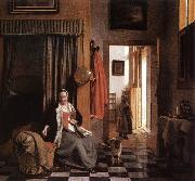 HOOCH, Pieter de Mother Lacing Her Bodice beside a Cradle s china oil painting reproduction